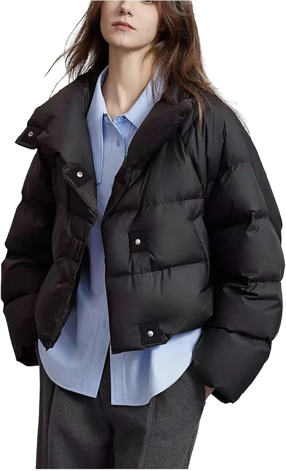 Lmdudan Women's Cropped Quilted Puffer Jacket Outerwear Coats Casual Loose Stand Collar Solid Puffer Down Coat 2024 Winter