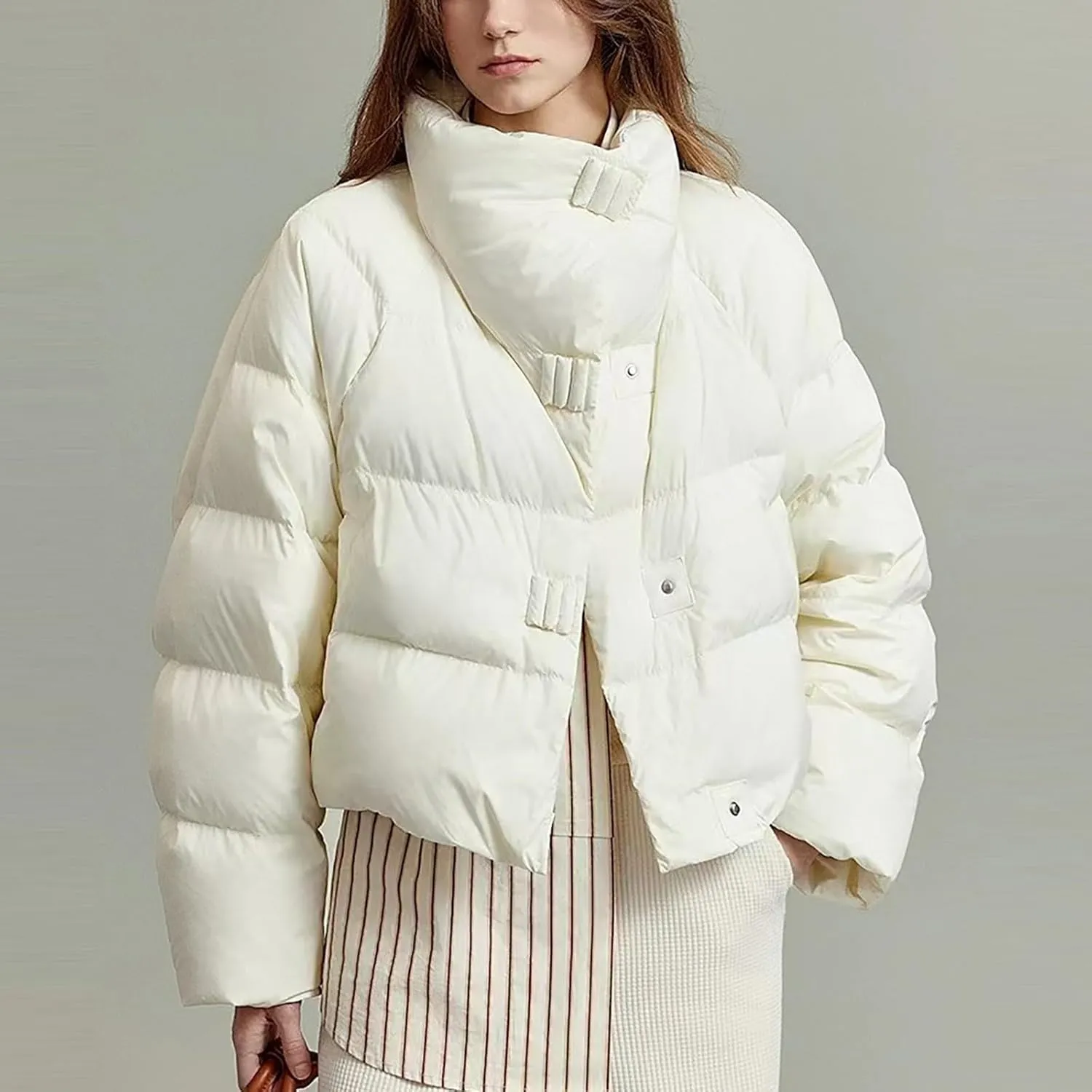 Lmdudan Women's Cropped Quilted Puffer Jacket Outerwear Coats Casual Loose Stand Collar Solid Puffer Down Coat 2024 Winter
