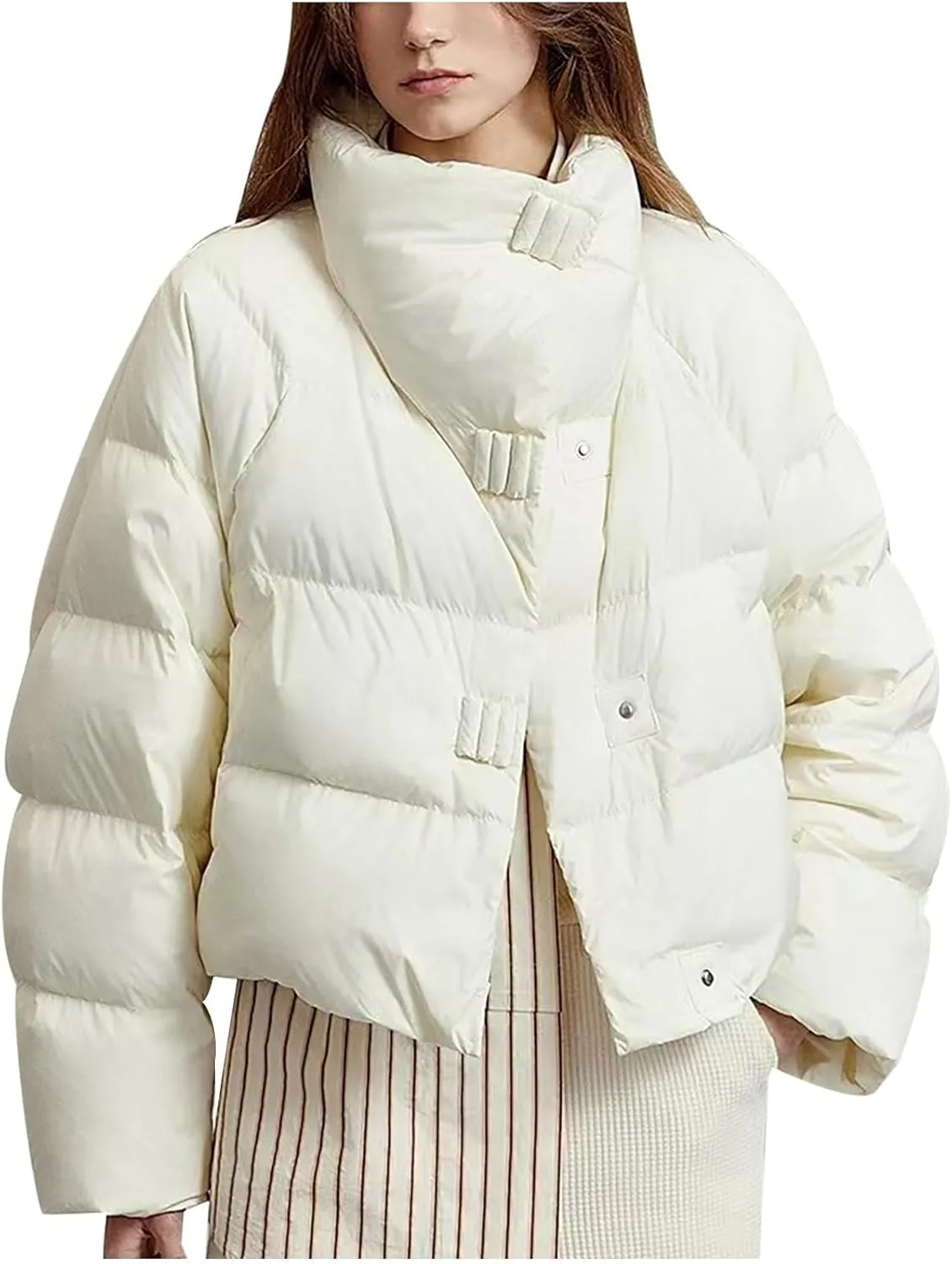 Lmdudan Women's Cropped Quilted Puffer Jacket Outerwear Coats Casual Loose Stand Collar Solid Puffer Down Coat 2024 Winter