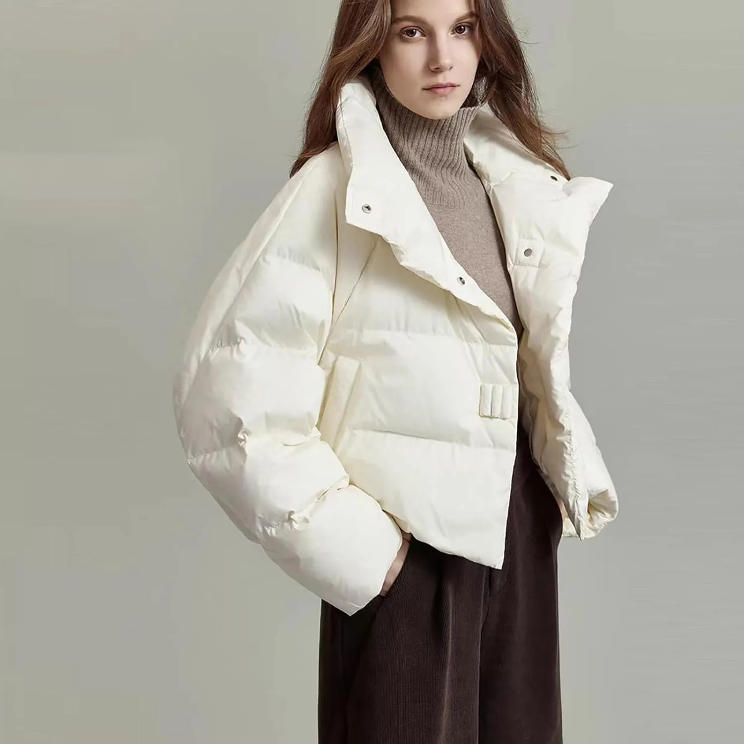 Lmdudan Women's Cropped Quilted Puffer Jacket Outerwear Coats Casual Loose Stand Collar Solid Puffer Down Coat 2024 Winter