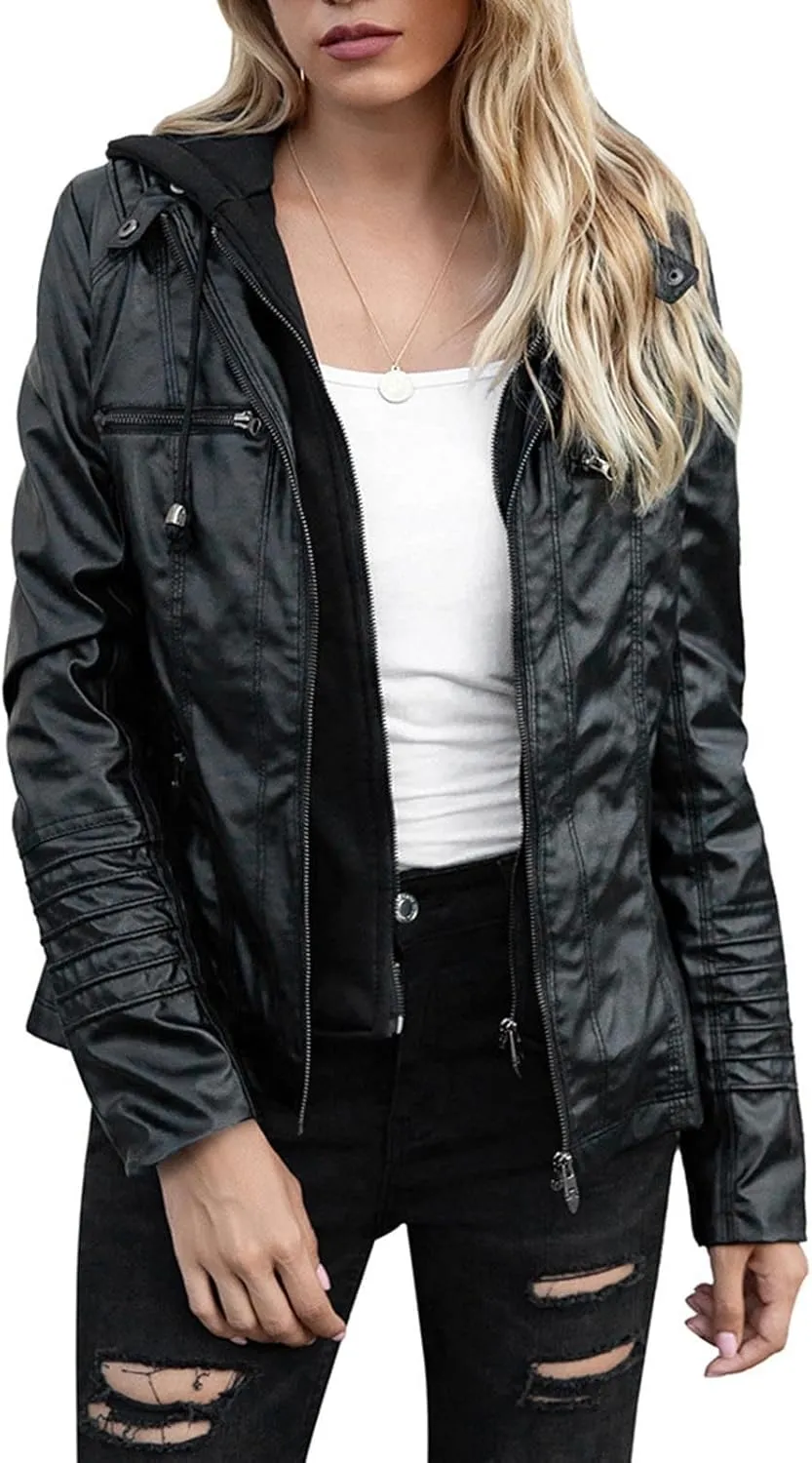 Lmdudan Women's Faux Leather Jacket Moto Biker Coat with Detachable Hood Motorcycle Jackets 2023 Fall Winter Outerwear Tops