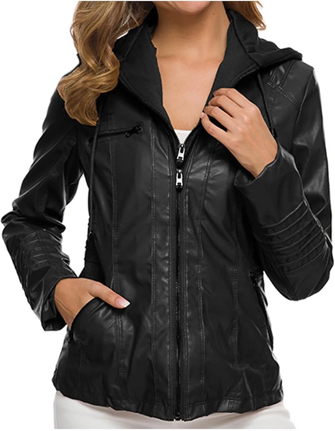 Lmdudan Women's Faux Leather Jacket Moto Biker Coat with Detachable Hood Motorcycle Jackets 2023 Fall Winter Outerwear Tops