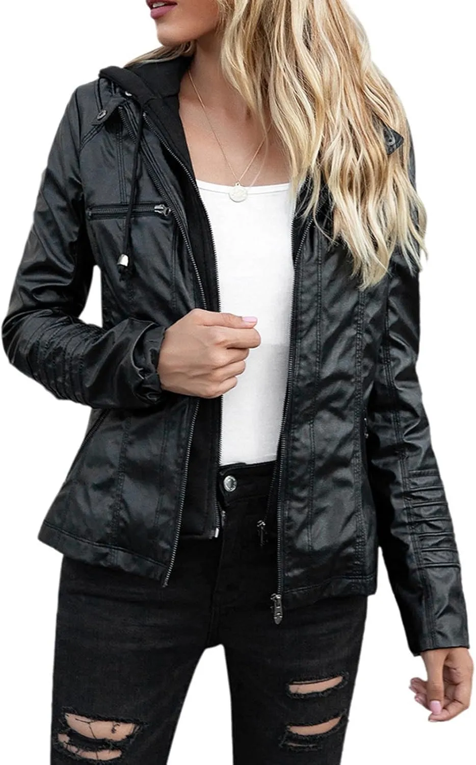Lmdudan Women's Faux Leather Jacket Moto Biker Coat with Detachable Hood Motorcycle Jackets 2023 Fall Winter Outerwear Tops