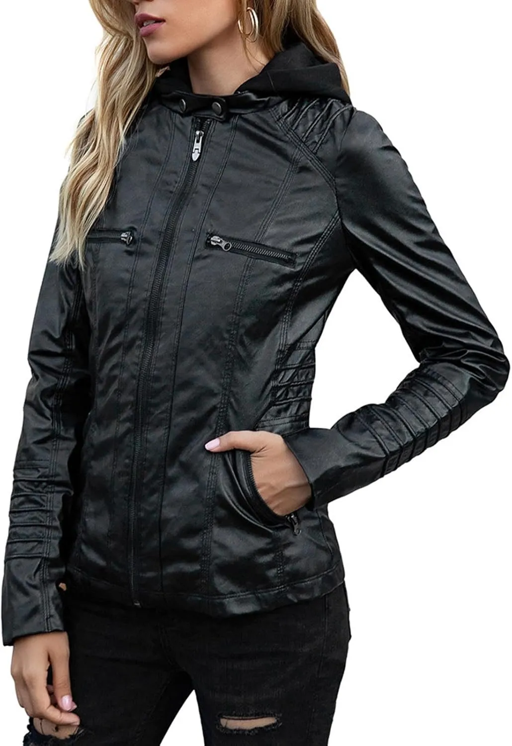 Lmdudan Women's Faux Leather Jacket Moto Biker Coat with Detachable Hood Motorcycle Jackets 2023 Fall Winter Outerwear Tops