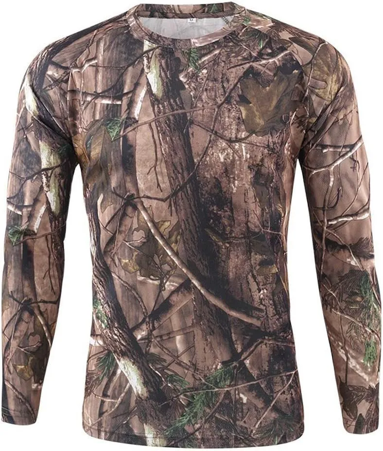 Long Sleeve Camo Hunting T-Shirts for Men Military Camouflage Athletic Compression Shirt Workout Gym Sport Fishing Hiking Top