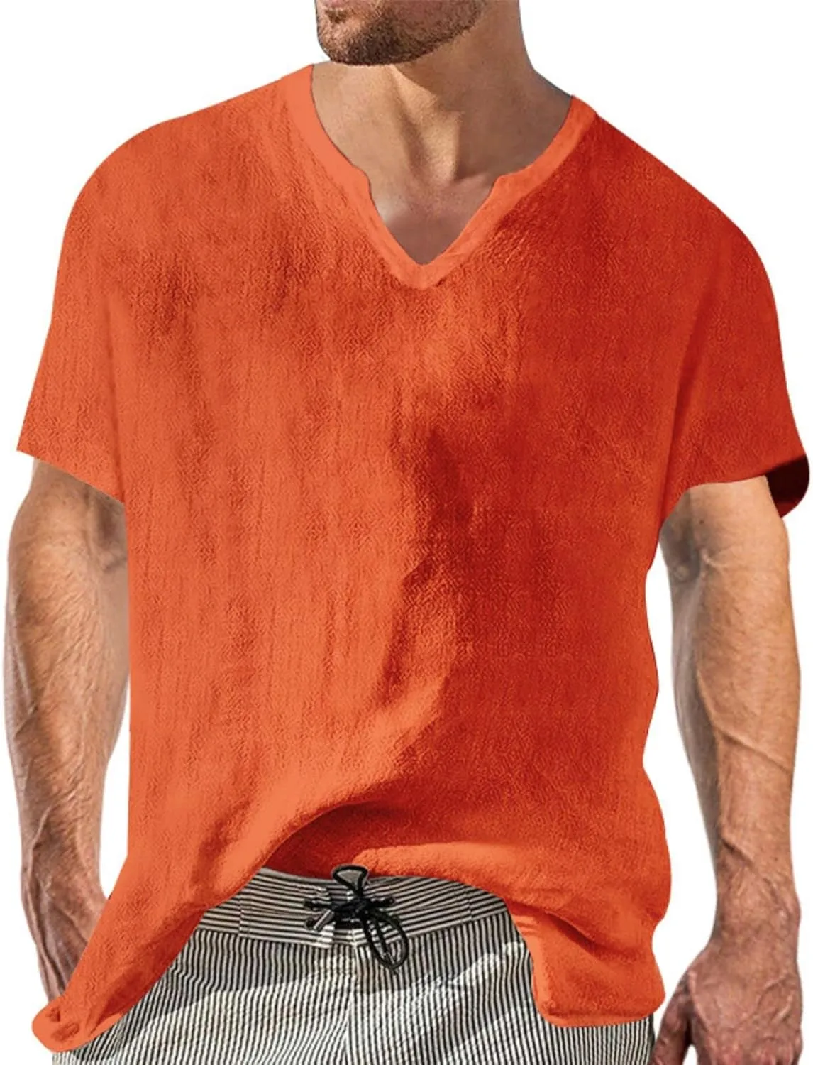 Mens Cotton Linen Shirts Summer Casual Tunic Tops Basic Notch Neck Solid Short Sleeve T-Shirt Vacation Beach Tee