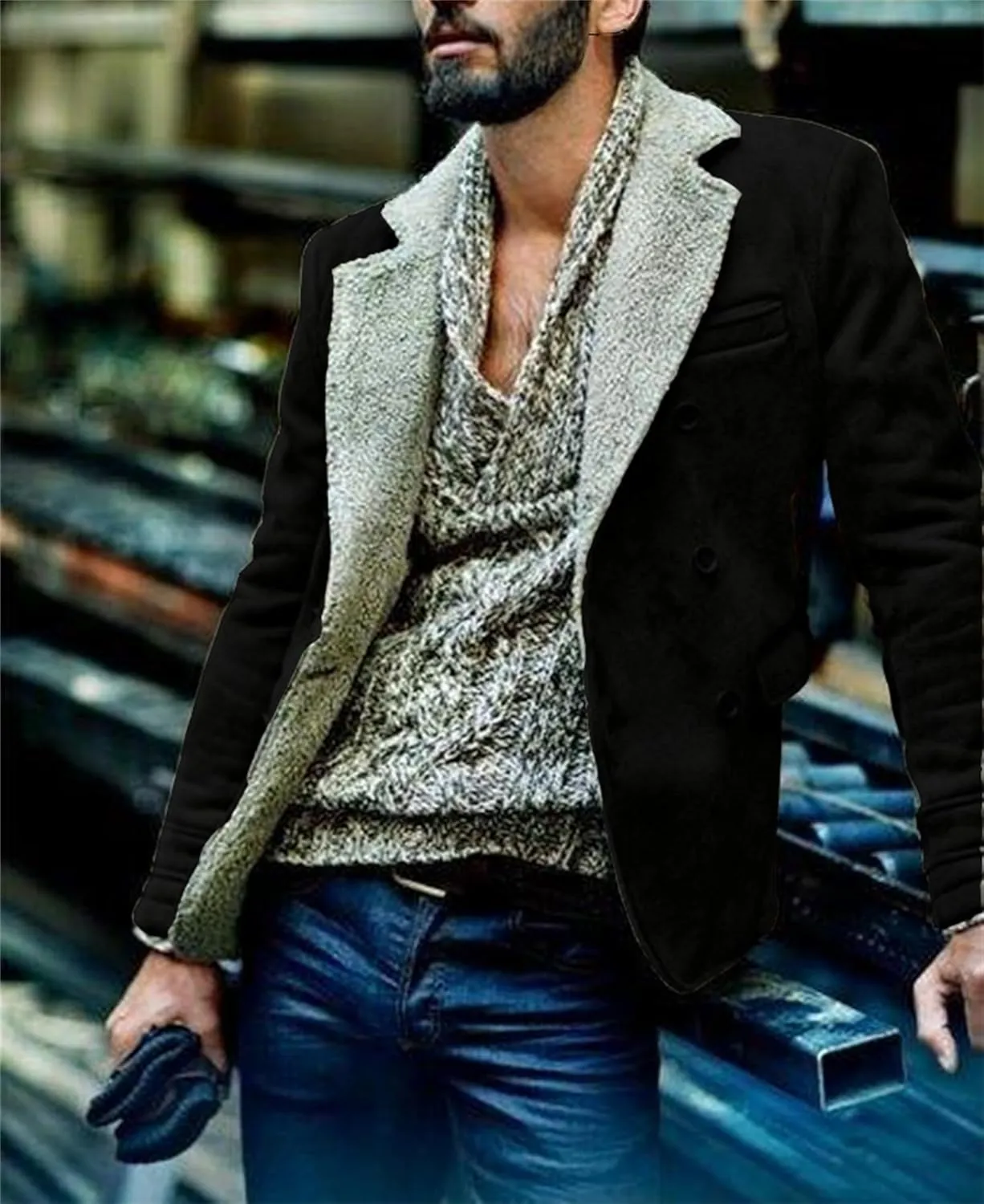 Men's Faux Suede Jacket Sherpa Fleece Lined Sheepskin Bomber Jacket Crop Warm Winter Trench Coat with Fur Collar
