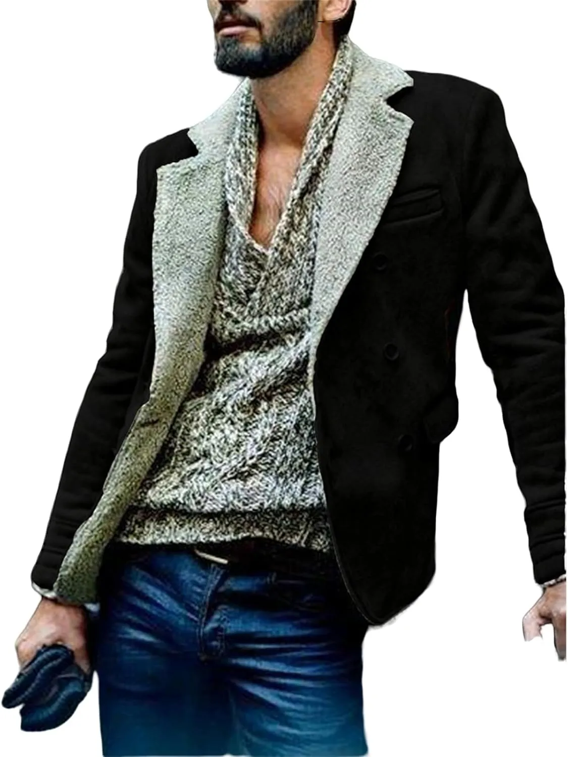 Men's Faux Suede Jacket Sherpa Fleece Lined Sheepskin Bomber Jacket Crop Warm Winter Trench Coat with Fur Collar