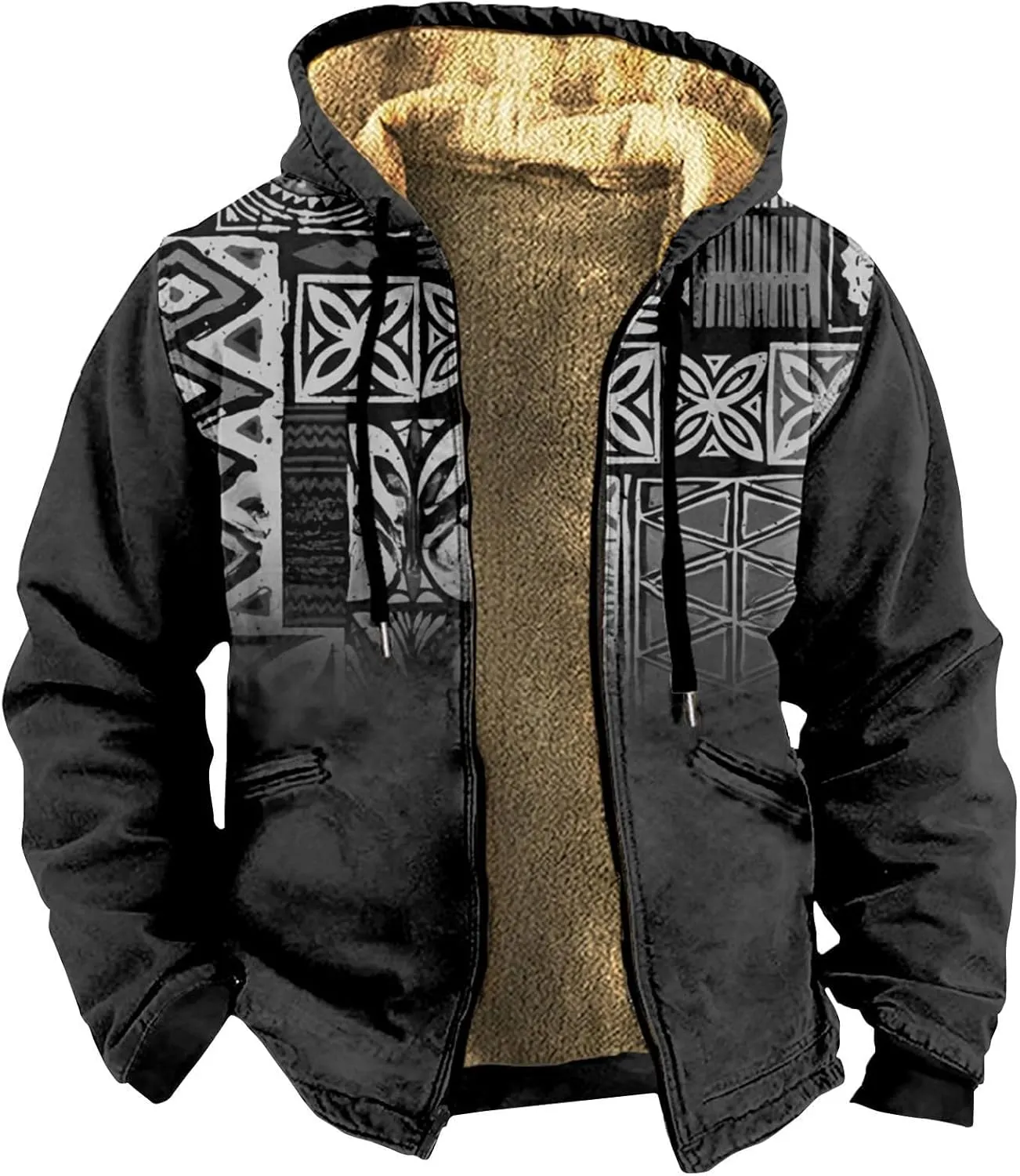 Mens Fleece Jacket Fuzzy Sherpa Jacket Western Aztec Print Vintage Sweatshirts Winter Warm Ethnic Casual Sweater Coat