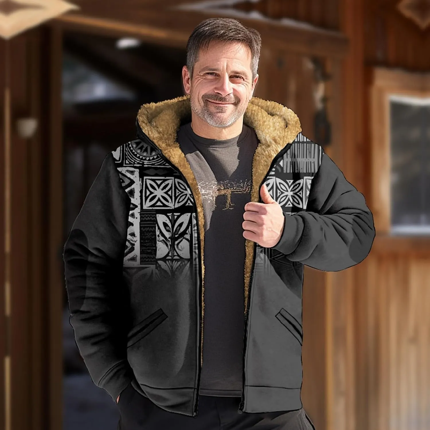 Mens Fleece Jacket Fuzzy Sherpa Jacket Western Aztec Print Vintage Sweatshirts Winter Warm Ethnic Casual Sweater Coat
