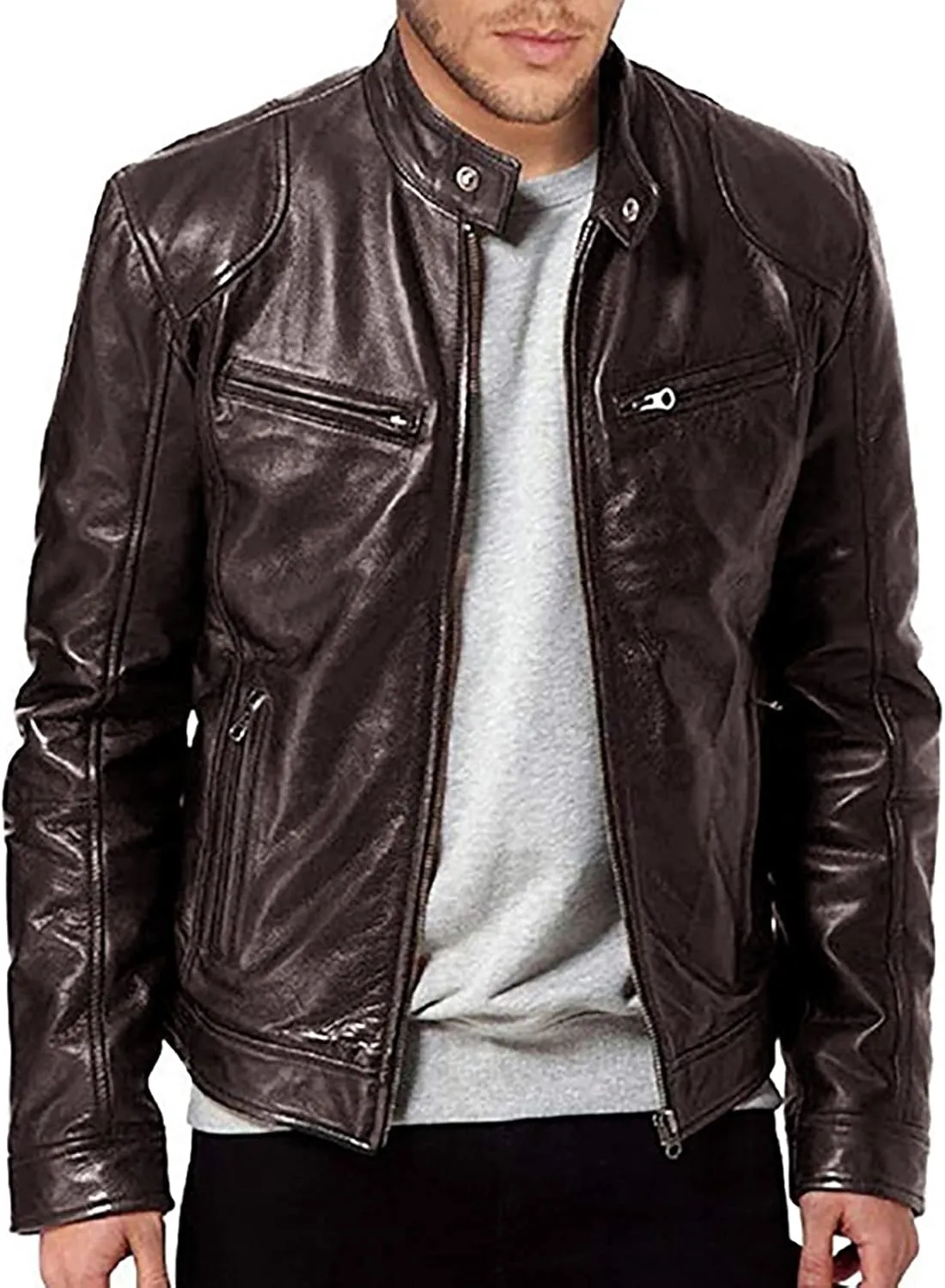 Mens Leather Jacket Slim Fit Casual Full Zip Stand Collar Fall Jacket Faux Leather Motocycle Coats Oversized Outwear