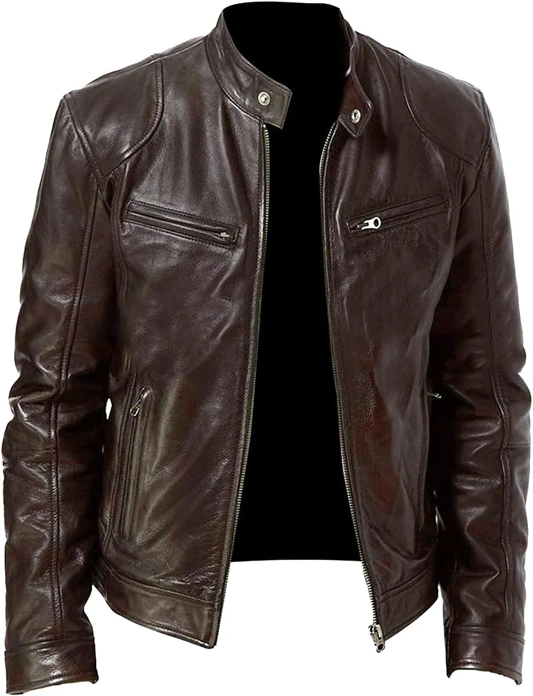 Mens Leather Jacket Slim Fit Casual Full Zip Stand Collar Fall Jacket Faux Leather Motocycle Coats Oversized Outwear