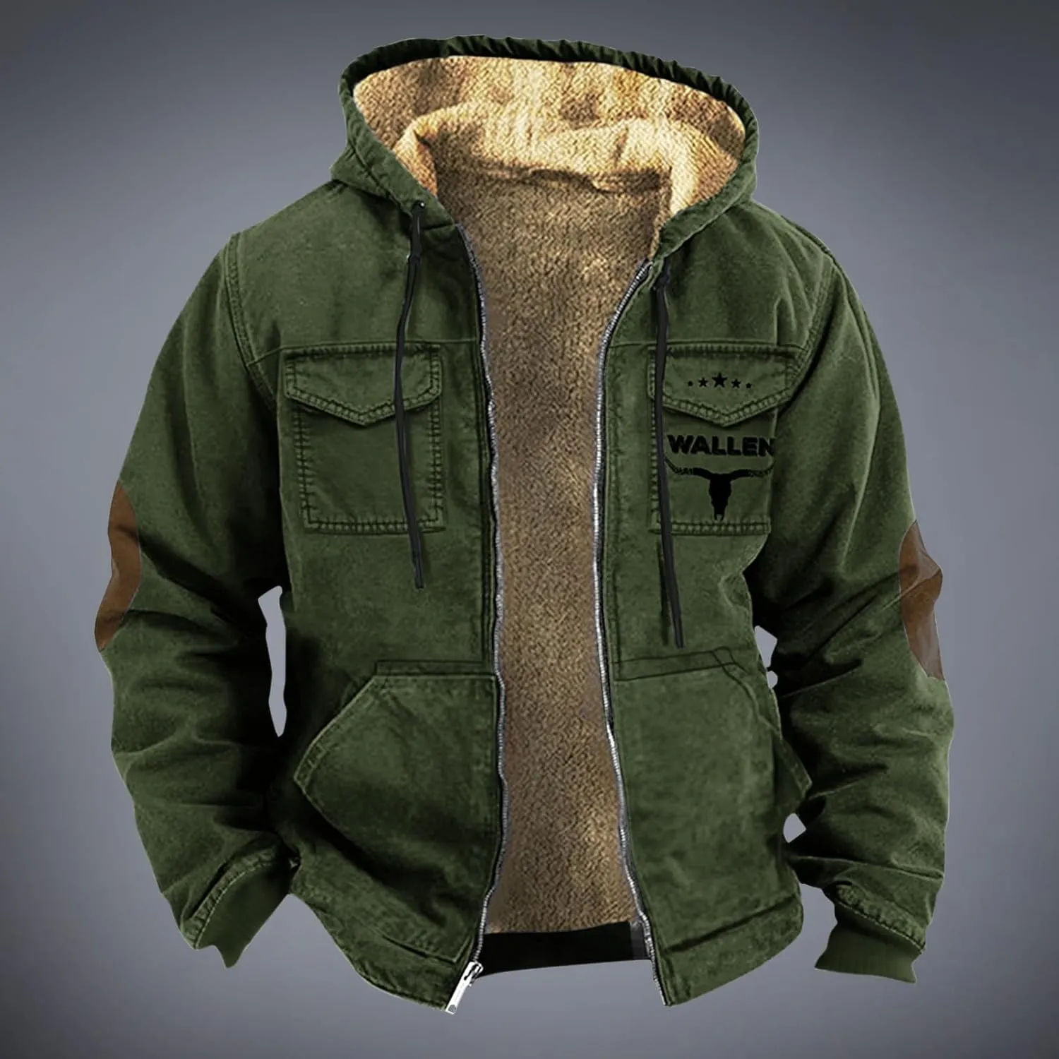 Men's Winter Coat Sherpa Fleece Lined Jacket Western 3D Printed Full Zip Thick Heavyweight Hoodie Winter Sweatshirts Coat