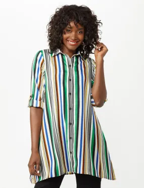 Multi Stripe Roll Tab Textured Tunic Shirt