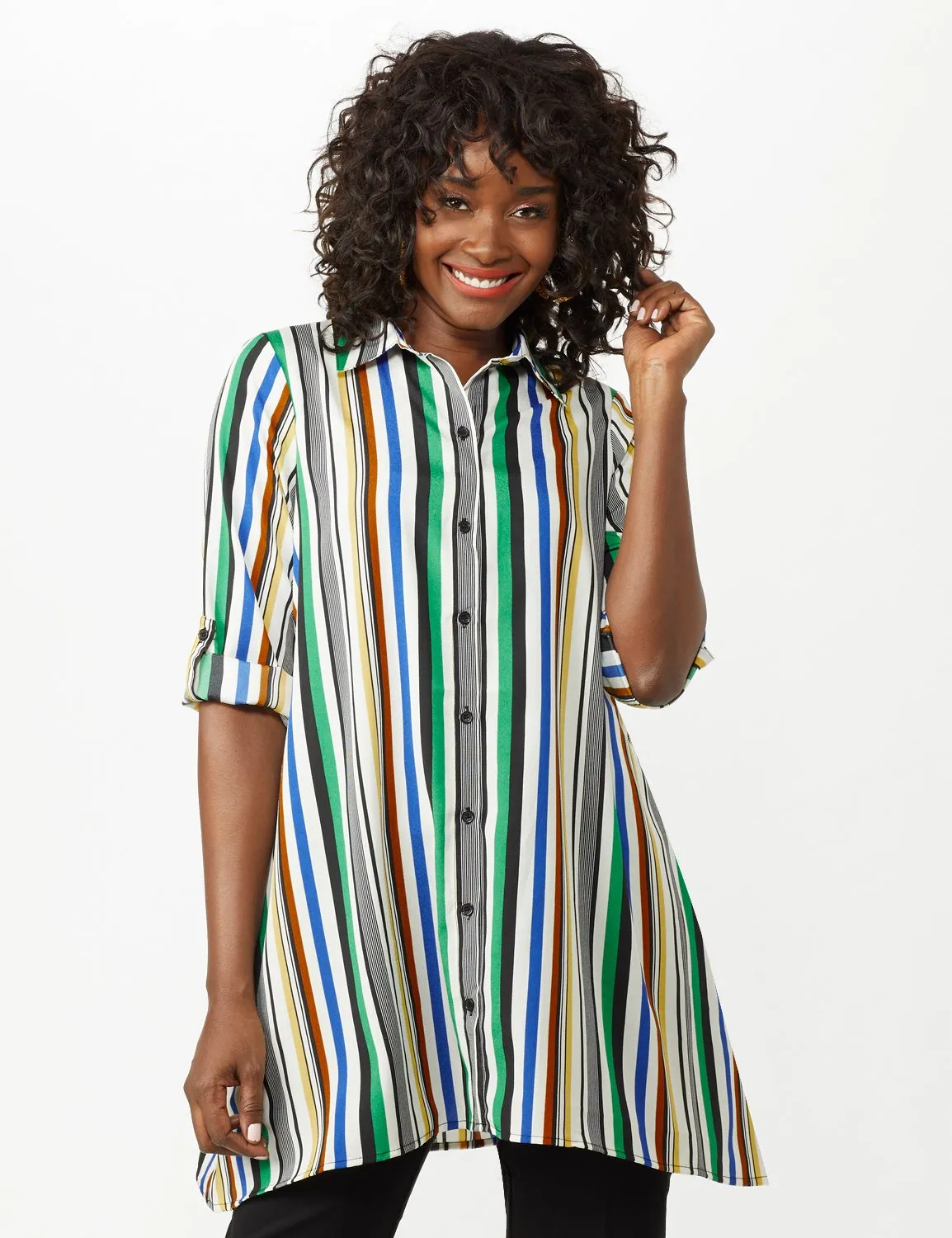 Multi Stripe Roll Tab Textured Tunic Shirt