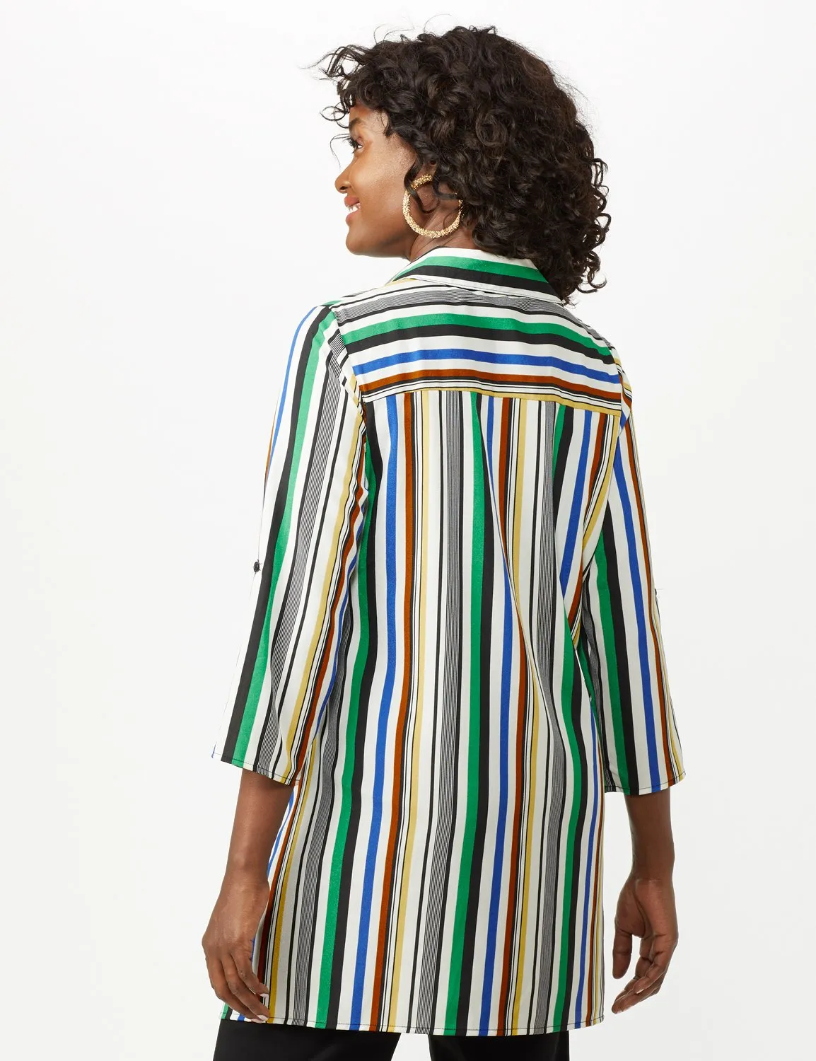 Multi Stripe Roll Tab Textured Tunic Shirt