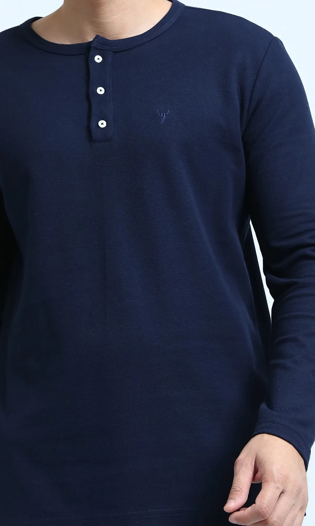O200710 - Long Sleeves Henley Round Neck Tee - Navy Blue