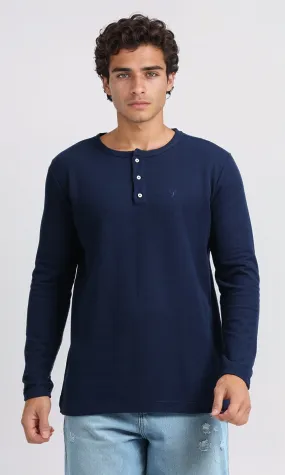 O200710 - Long Sleeves Henley Round Neck Tee - Navy Blue
