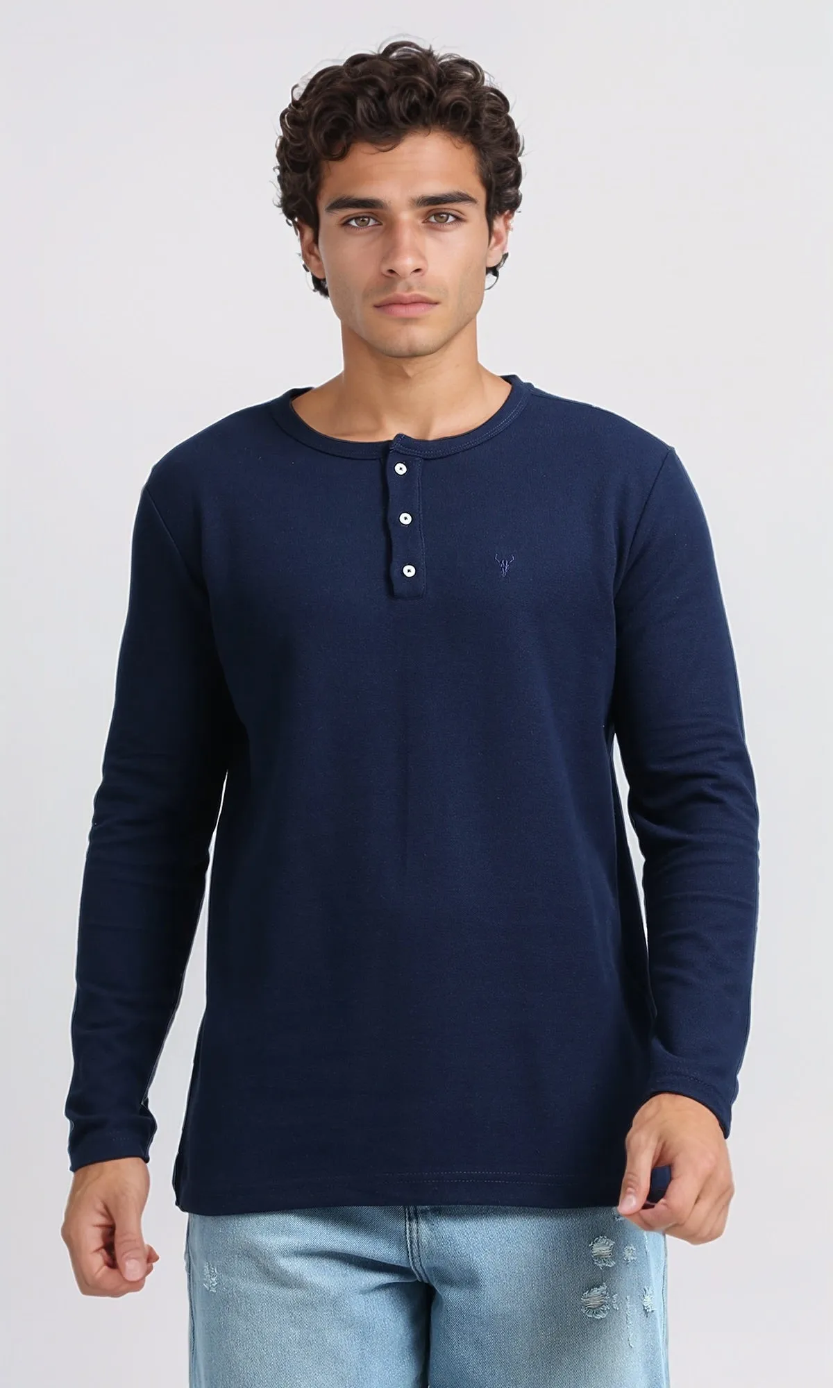 O200710 - Long Sleeves Henley Round Neck Tee - Navy Blue