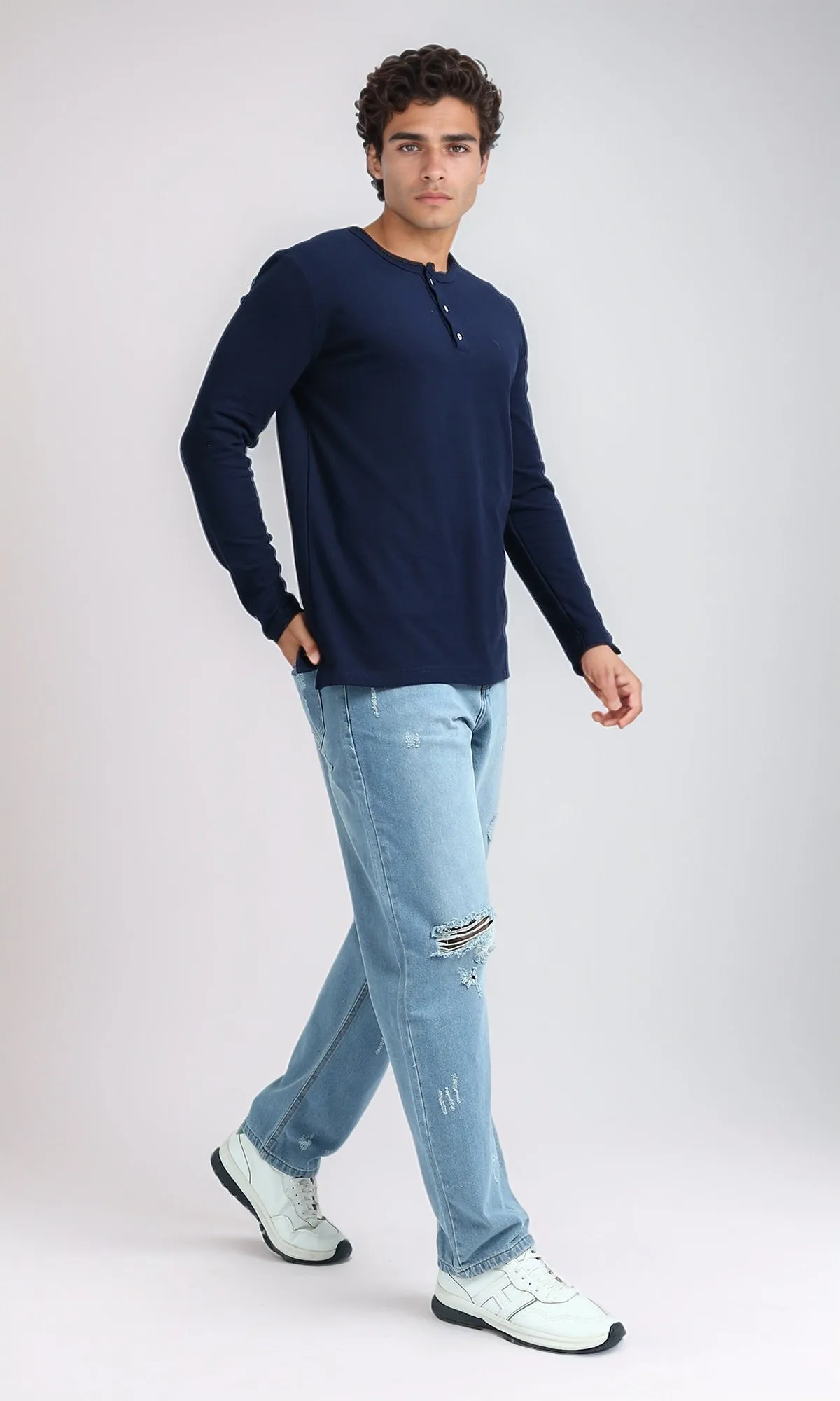 O200710 - Long Sleeves Henley Round Neck Tee - Navy Blue