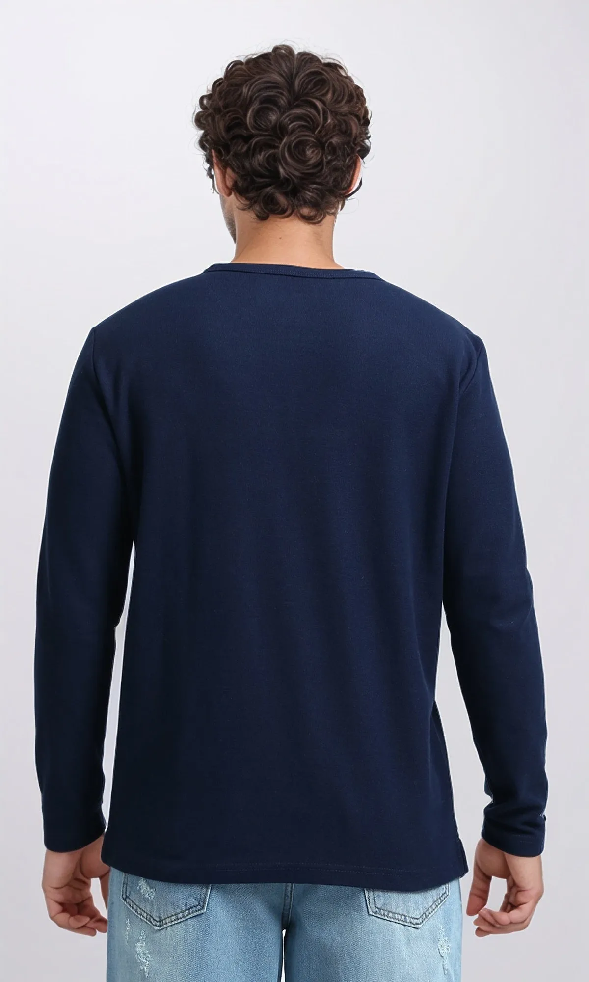 O200710 - Long Sleeves Henley Round Neck Tee - Navy Blue