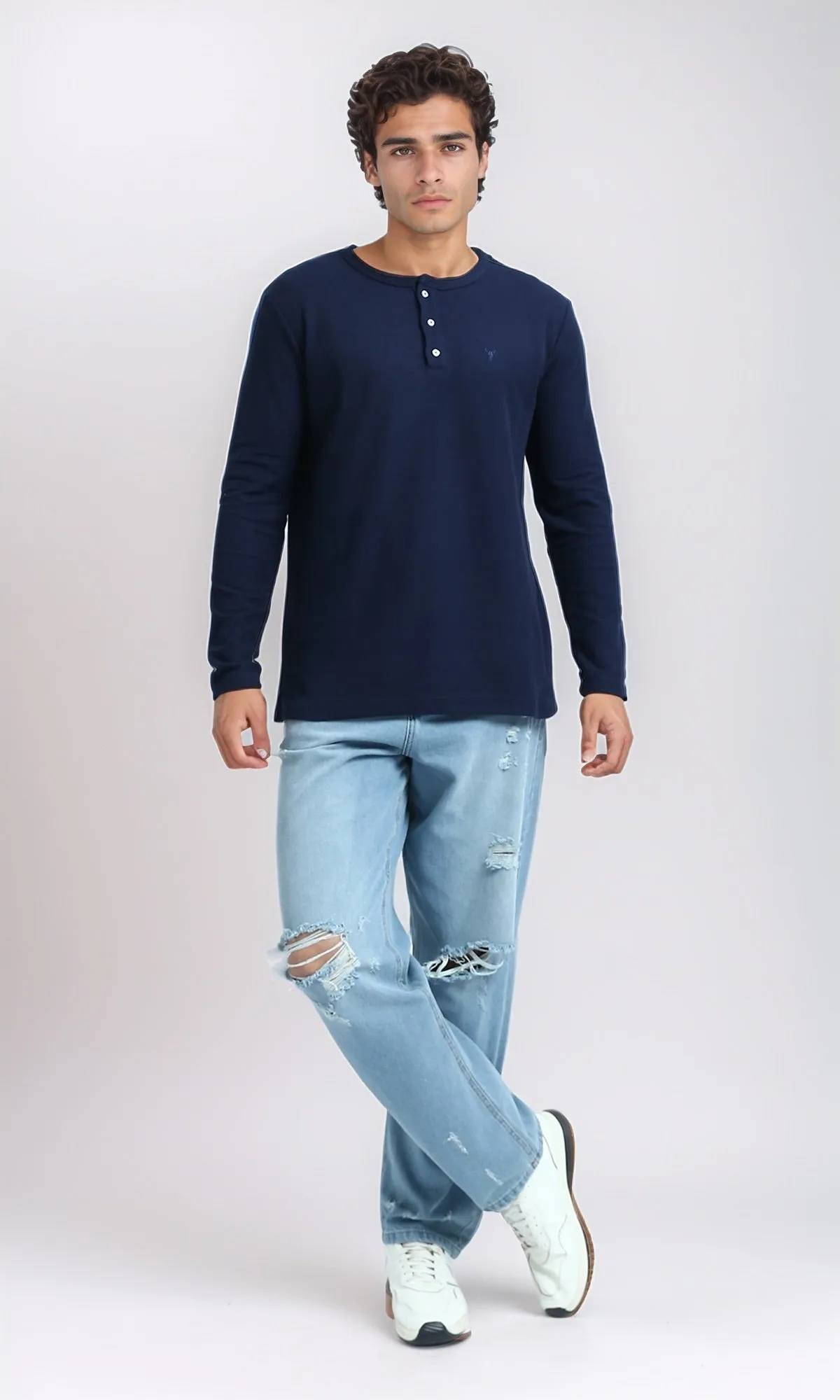 O200710 - Long Sleeves Henley Round Neck Tee - Navy Blue