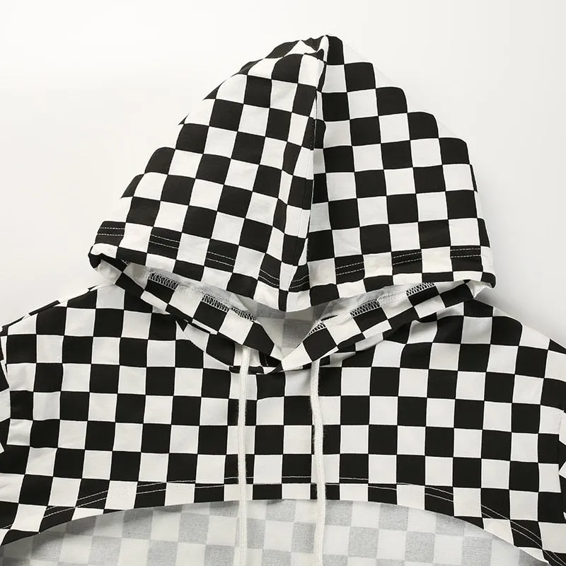 Plus Size Cotton Crop Top Flare Sleeve  Checkerboard Hoodie Long Sleeve