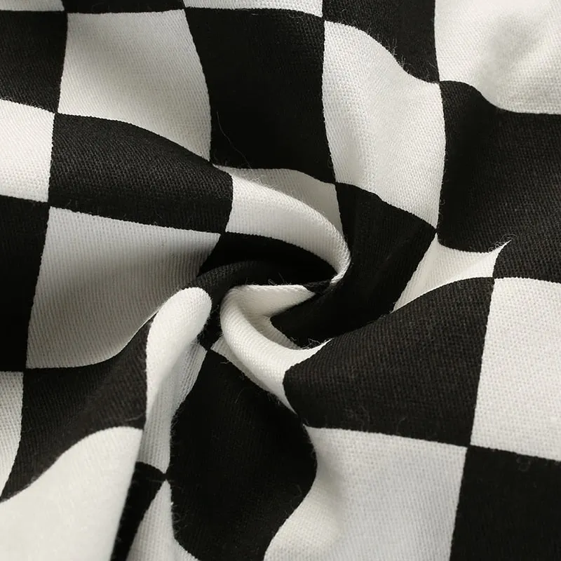 Plus Size Cotton Crop Top Flare Sleeve  Checkerboard Hoodie Long Sleeve