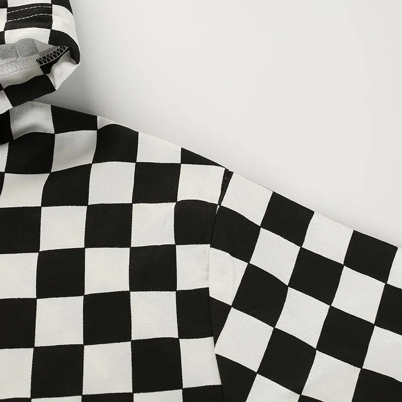 Plus Size Cotton Crop Top Flare Sleeve  Checkerboard Hoodie Long Sleeve