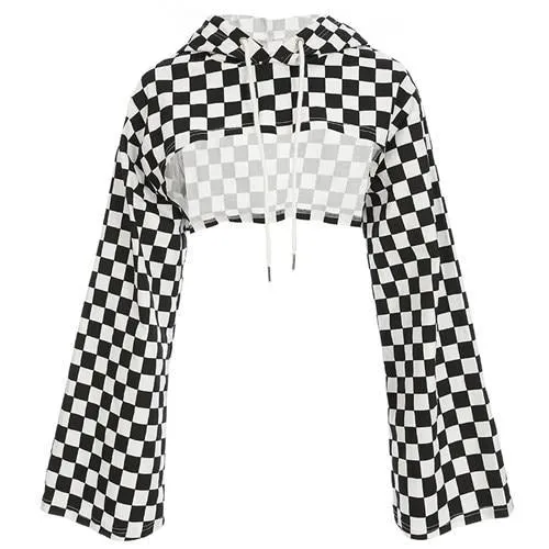 Plus Size Cotton Crop Top Flare Sleeve  Checkerboard Hoodie Long Sleeve