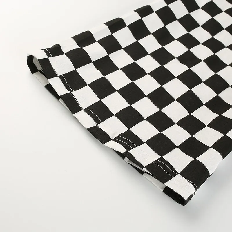 Plus Size Cotton Crop Top Flare Sleeve  Checkerboard Hoodie Long Sleeve