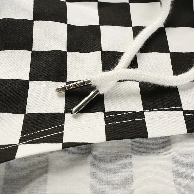 Plus Size Cotton Crop Top Flare Sleeve  Checkerboard Hoodie Long Sleeve