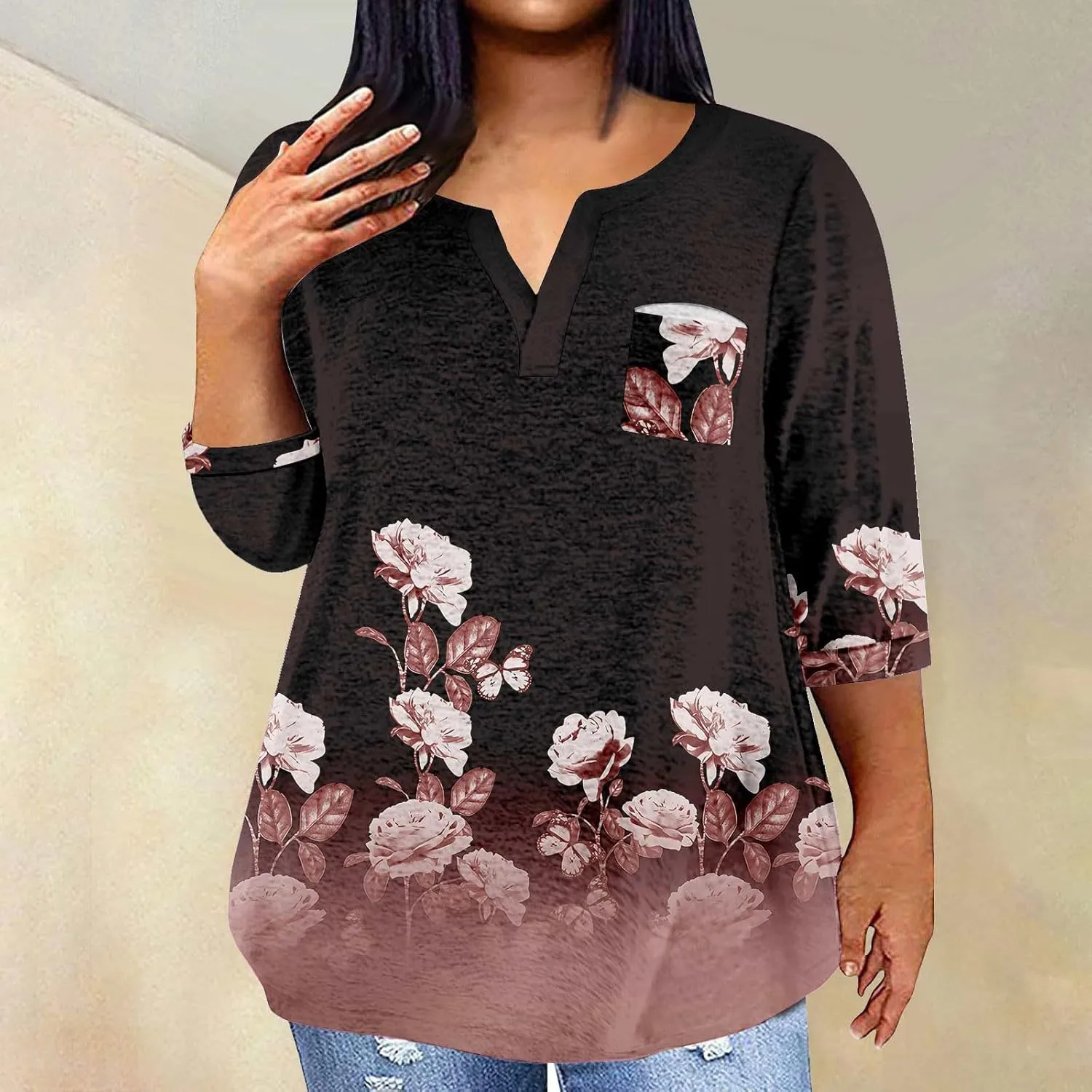 Plus Size Tops for Women Dressy Casual 3/4 Length Sleeve V Neck Shirts Comfy Gradient Loose Fit Fall Fashion Clothes