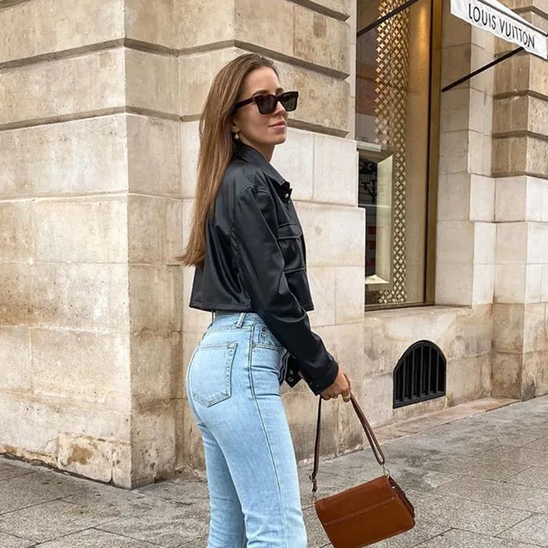 PU Leather Streetwear Button Down Crop Top Jackets