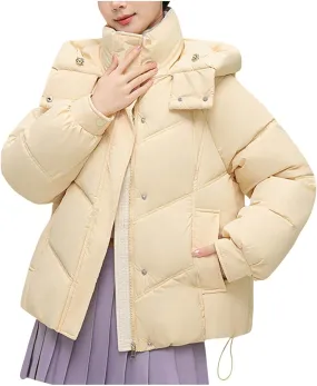 Quilted Jackets for Women Thicken Thermal Puffer Jackets Winter Soild Hooded down Coats Cute Girl Warm Outerwear