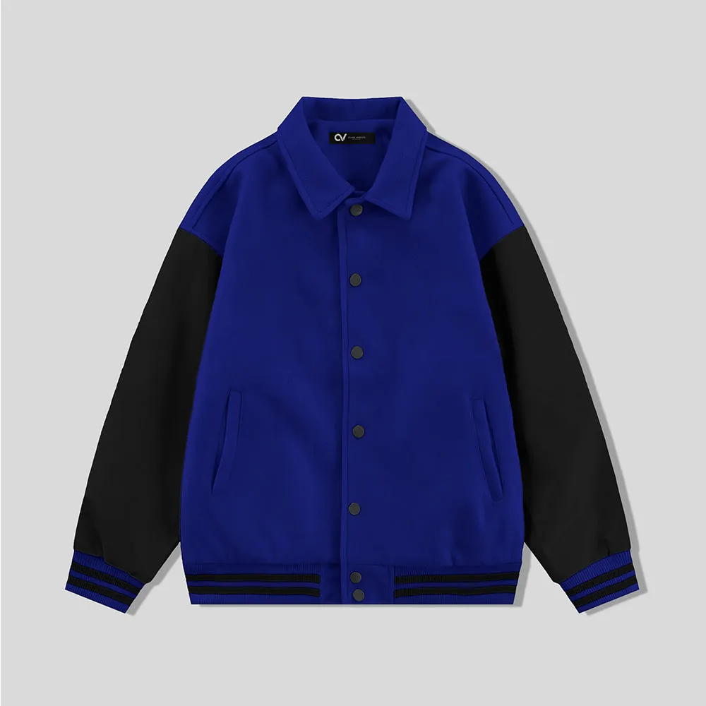 Royal Blue Byron Collar Wool & Leather Varsity Jacket Black Sleeves - Jack N Hoods