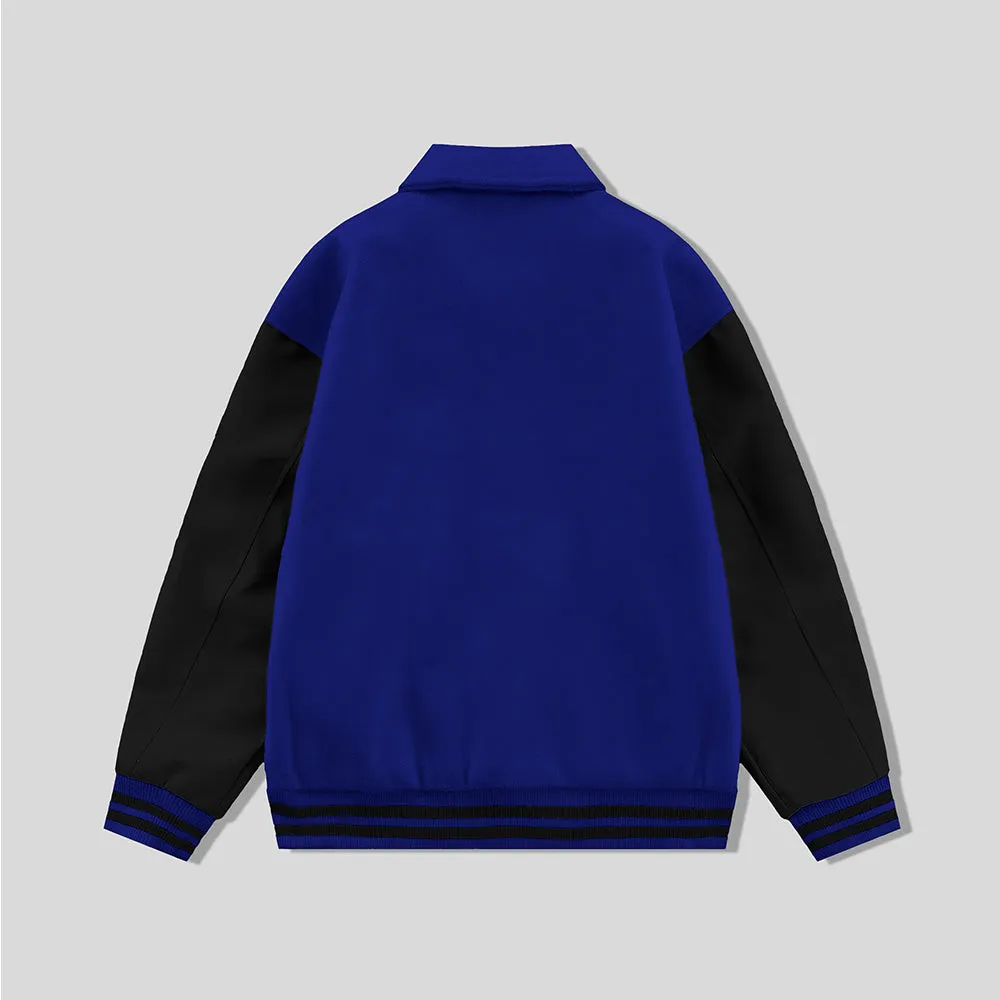 Royal Blue Byron Collar Wool & Leather Varsity Jacket Black Sleeves - Jack N Hoods