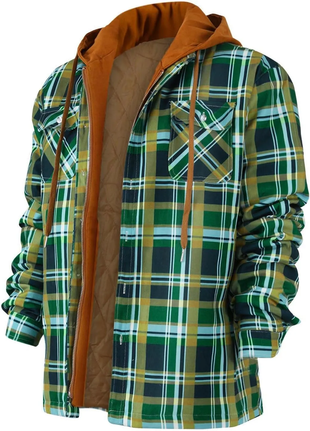 RTRDE Men's Jackets Long Sleeve Quilted Lined Shirt Jacket Zip Up Coat Outwear With Hood Jacket, M-5XL