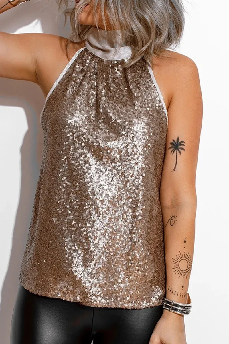 Sexy Solid Sequins Frenulum Tops