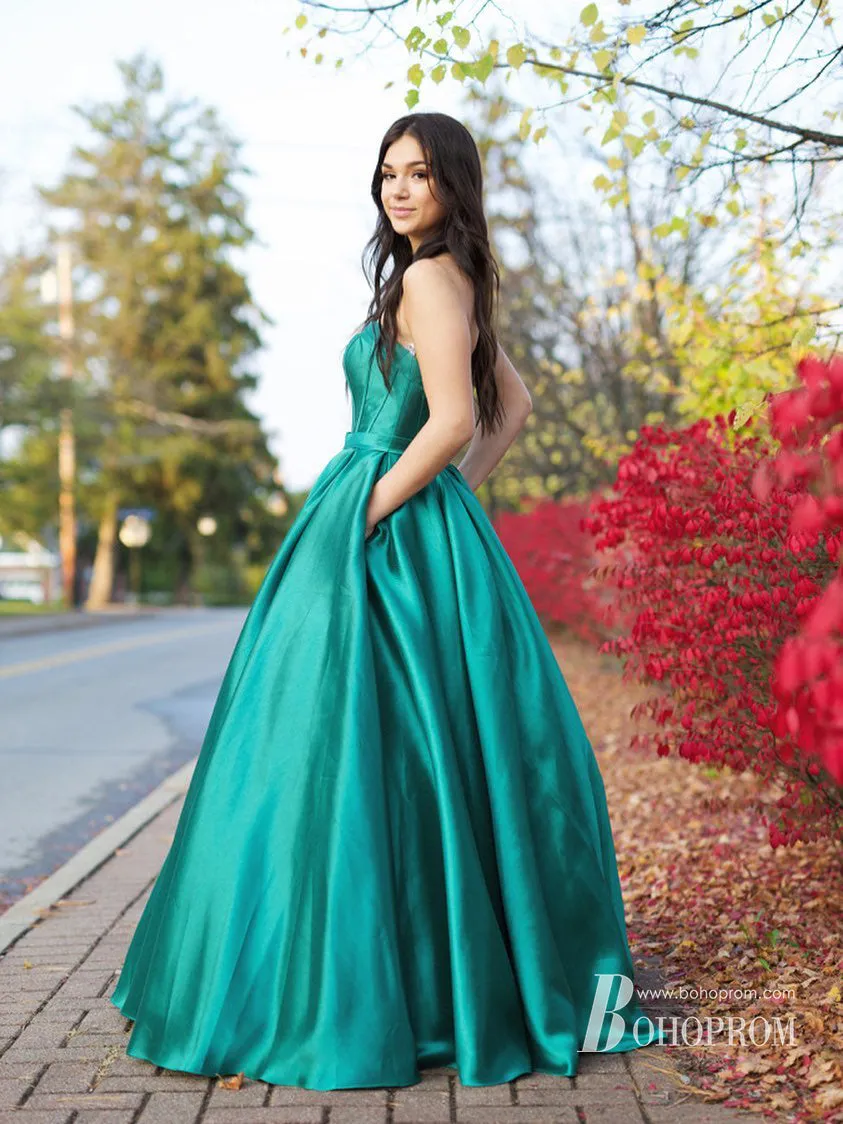 Simple Off-The-Shoulder Neckline Strapless A-line Prom Dresses Satin Evening Gowns PD501