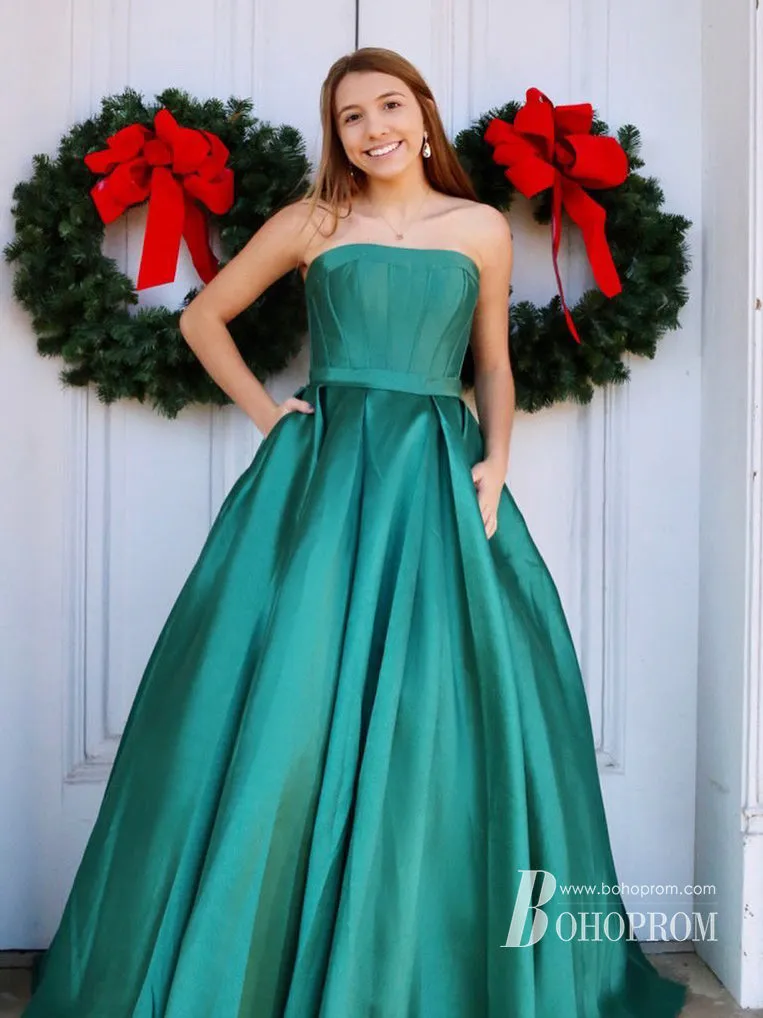 Simple Off-The-Shoulder Neckline Strapless A-line Prom Dresses Satin Evening Gowns PD501