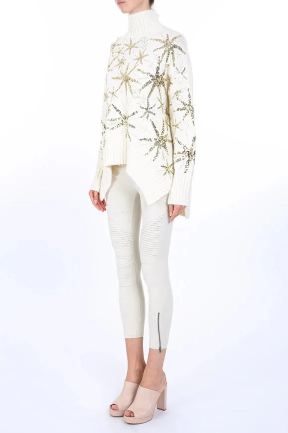 Starry Sequined High Low Knit Turtleneck Sweater