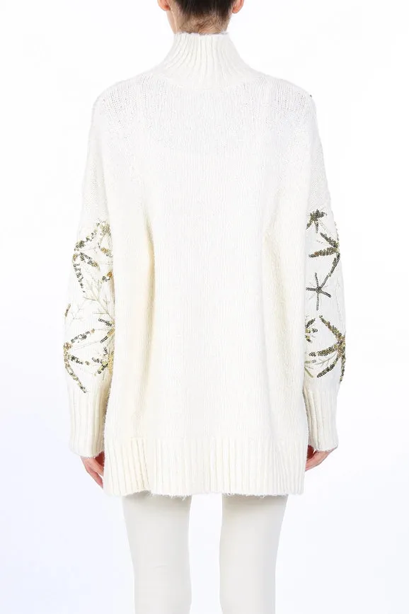 Starry Sequined High Low Knit Turtleneck Sweater