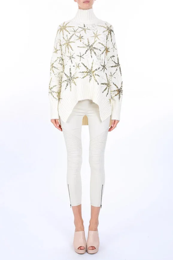 Starry Sequined High Low Knit Turtleneck Sweater