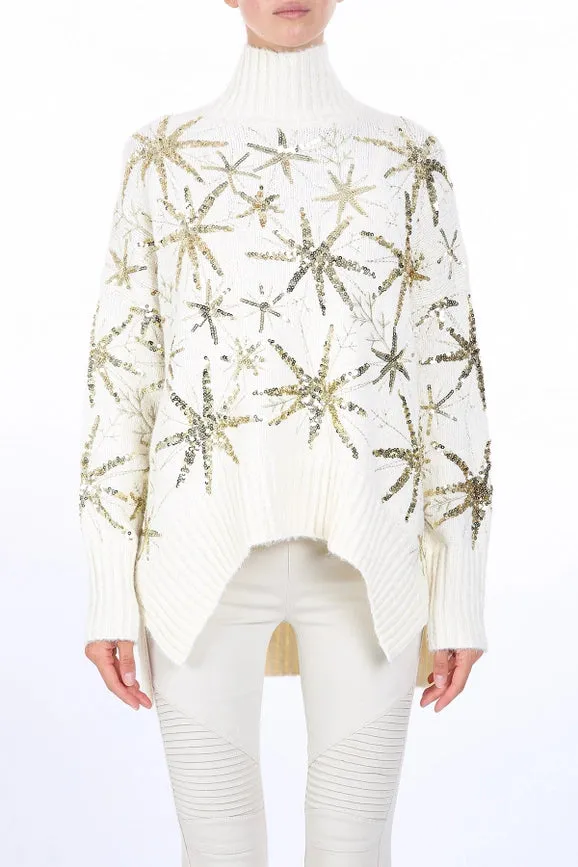 Starry Sequined High Low Knit Turtleneck Sweater