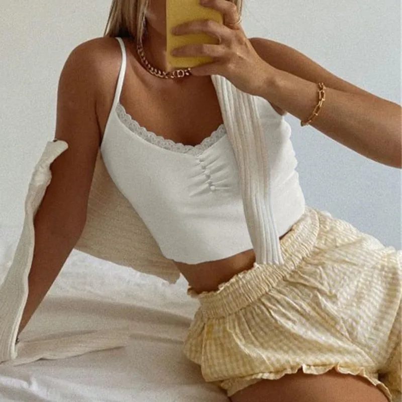 Streetwear Lace Patchwork Summer Solid White Tank Top Women Home Fashion Leisure Outfit Casual Crop Tops Kawaii Clothes