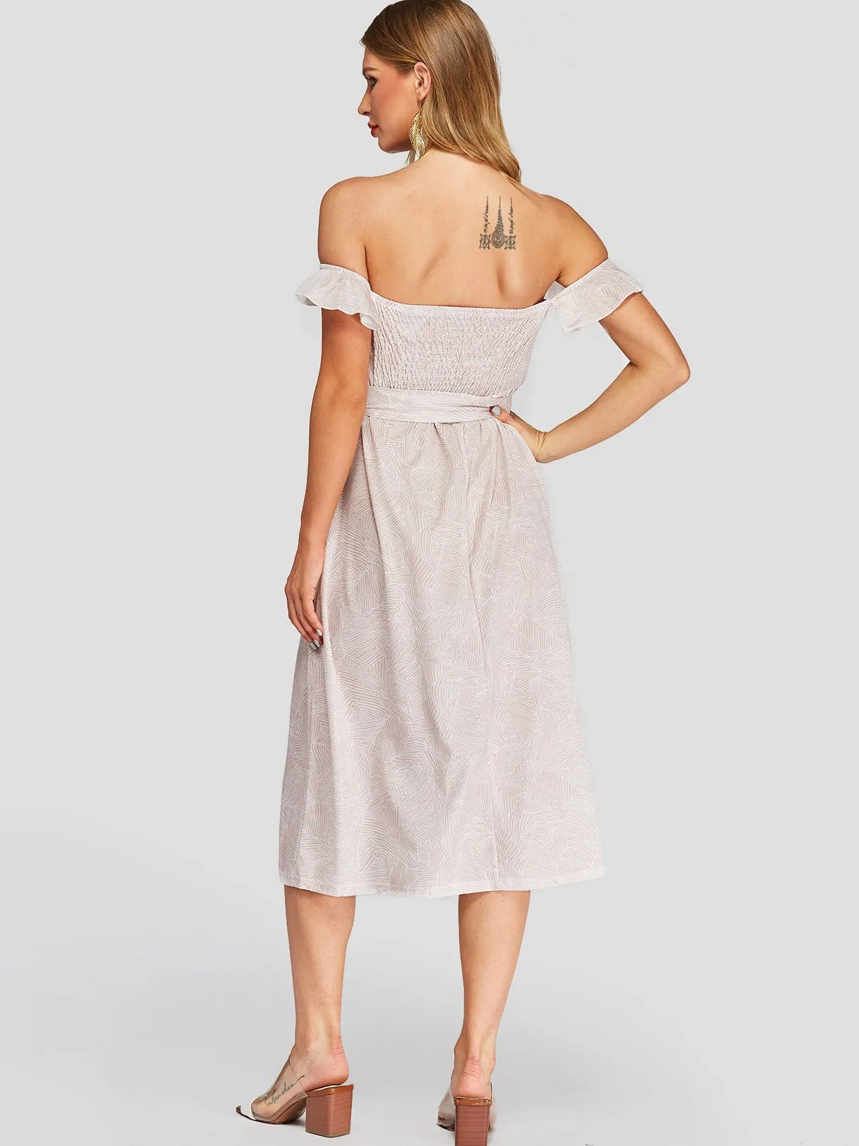 Wholesale Apricot Off The Shoulder Short Sleeve Backless Side Pockets Belt Self-Tie Dresses