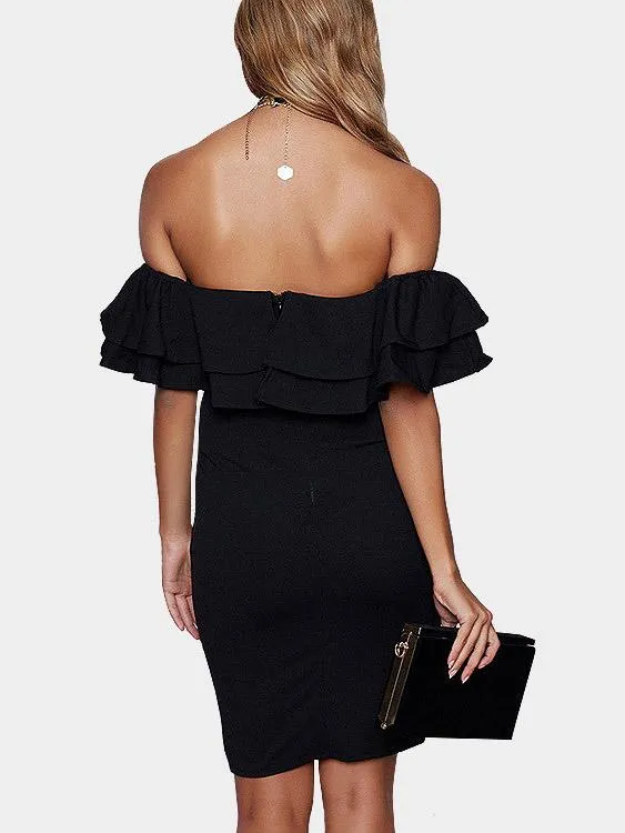 Wholesale Black Off The Shoulder Short Sleeve Zip Back Bodycon Hem Dresses
