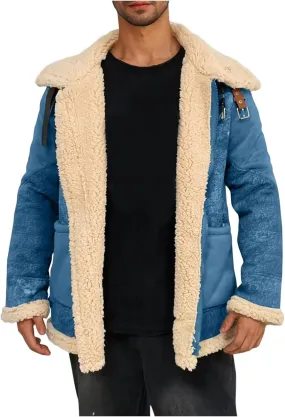 Winter Coats for Men Fleece Lined Suede Jacket Full Zip Lapel Collar Trucker Jackets with Pockets