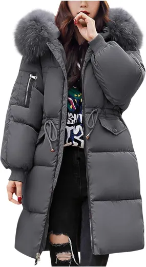 Winter Coats for Women with Faux Fur Hood Cotton Padded Down Jacket Mid Length Overcoat Warm Paraka Zipper Coat